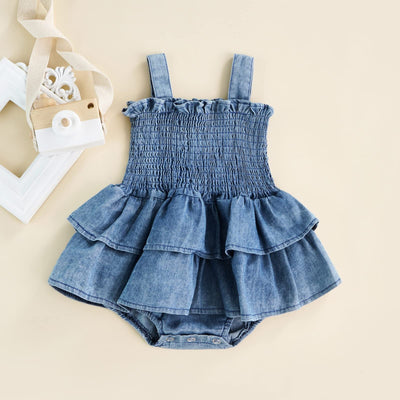Lovely Solid Color Printed Sleeveless Baby Girl Denim Romper