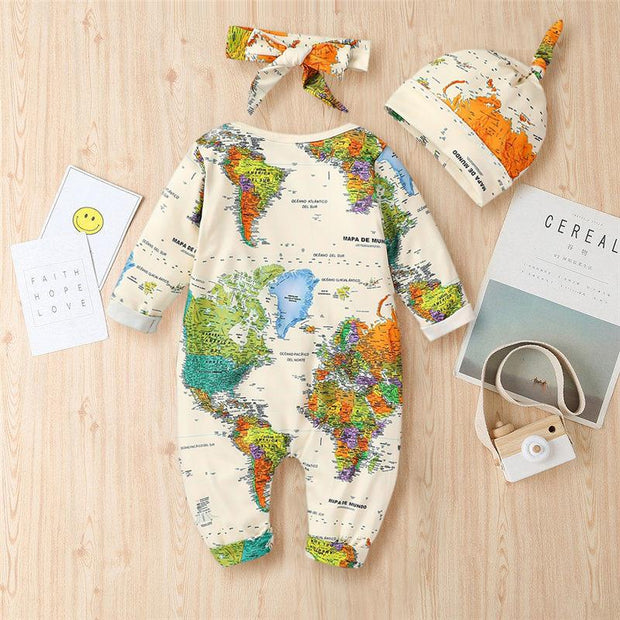 3PCS Cute Map Printed Long Sleeve Baby Jumpsuit