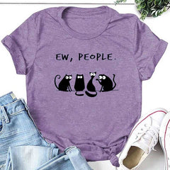 Ew People Cat Cartoon Print Cotton T-shirt