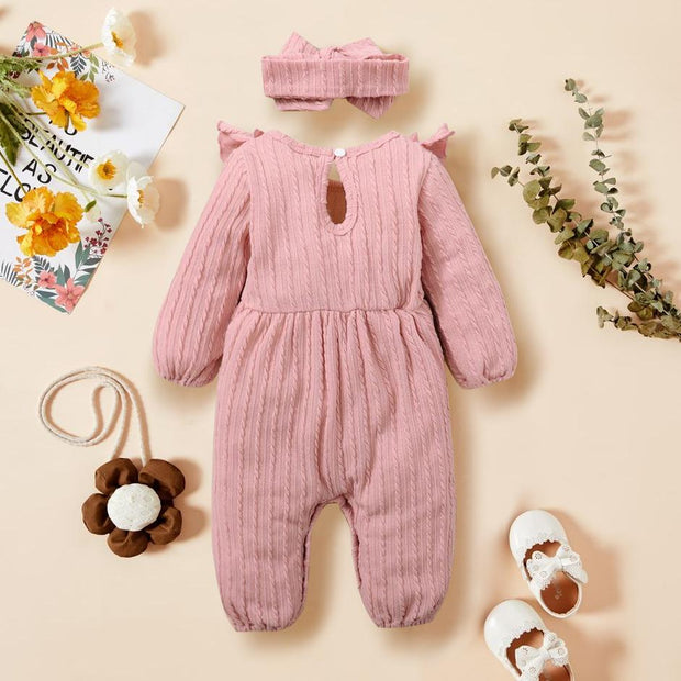 2PCS Solid Color Ruffle Bowknot Decor Long Sleeve Baby Jumpsuit