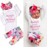 3PCS Baby Girl  "Daddy's Girl Mommy‘s World’" Letter Printed Romper with Full Floral Printed Pants Baby Set