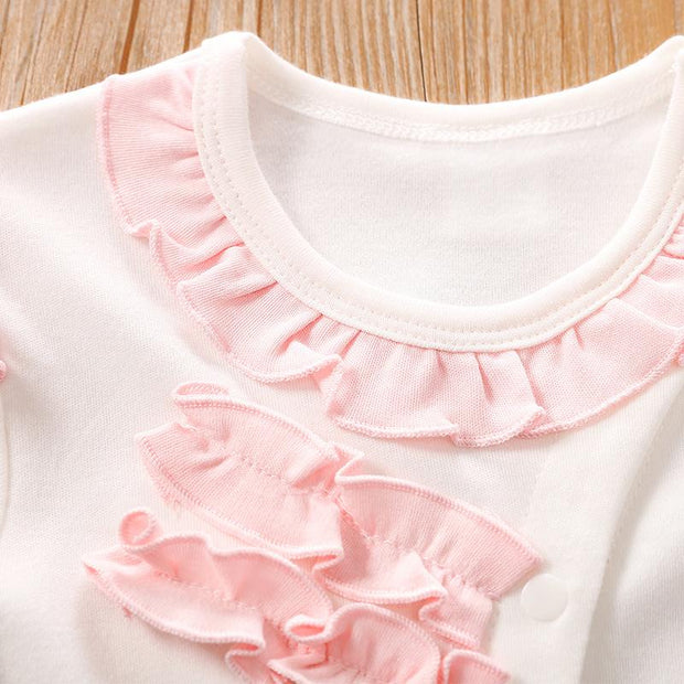 2PCS Lovely Fold Edge Solid Printed Long-sleeve Baby Jumpsuit With Hat