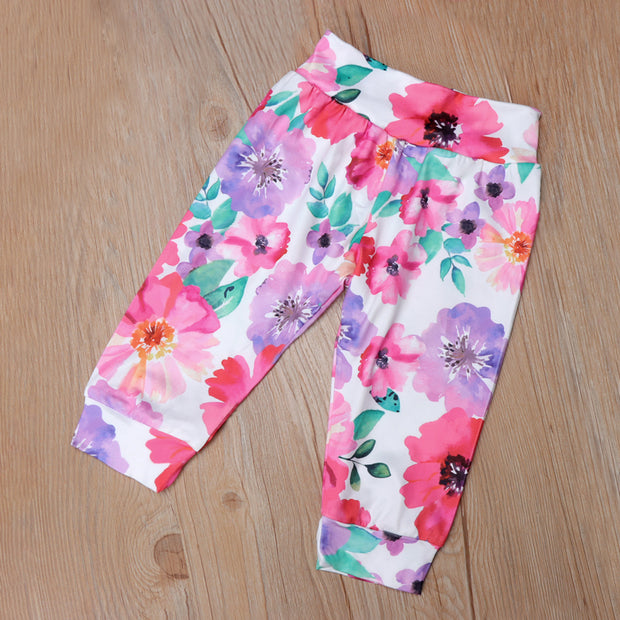 3PCS Baby Girl  "Daddy's Girl Mommy‘s World’" Letter Printed Romper with Full Floral Printed Pants Baby Set