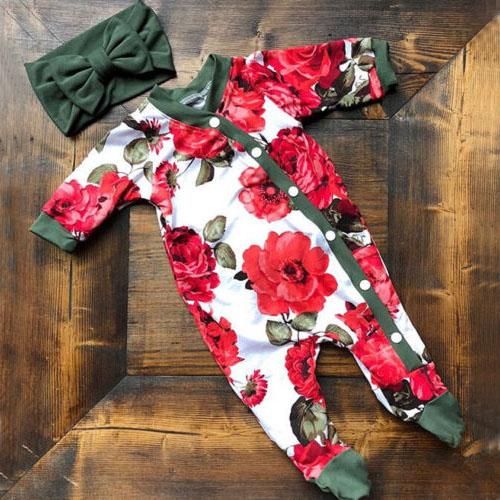 2PCS Lovely Full Floral Printed Long-sleeve Baby Jumpsuit