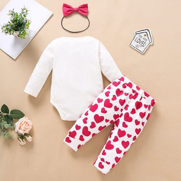 3PCS Cartoon Elephant Printed Romper with Hearts Printed Pants Baby Set