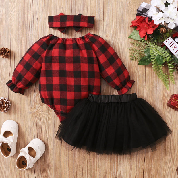 3PCS Christmas Plaid Letter Printed Baby Girl Skirt Set
