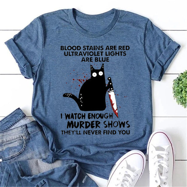 Camiseta com slogan feminino com estampa vermelha e manchas de sangue 