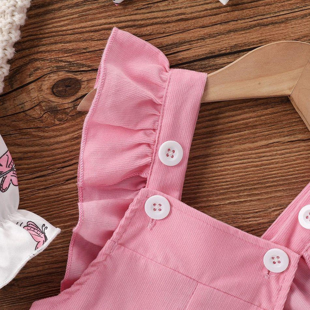 3PCS Baby Cartoon Elephant Printed Ruffle Overalls Set