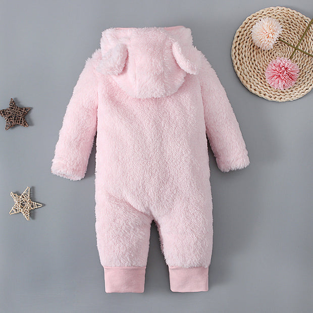 Lovely Bear Solid Color Printed Long Sleeve Baby Hoodie Jumpsuit