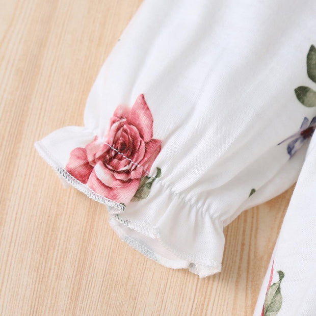 Cute Full Floral Printed Lace Long Sleeve Baby Girl Jumpsuit