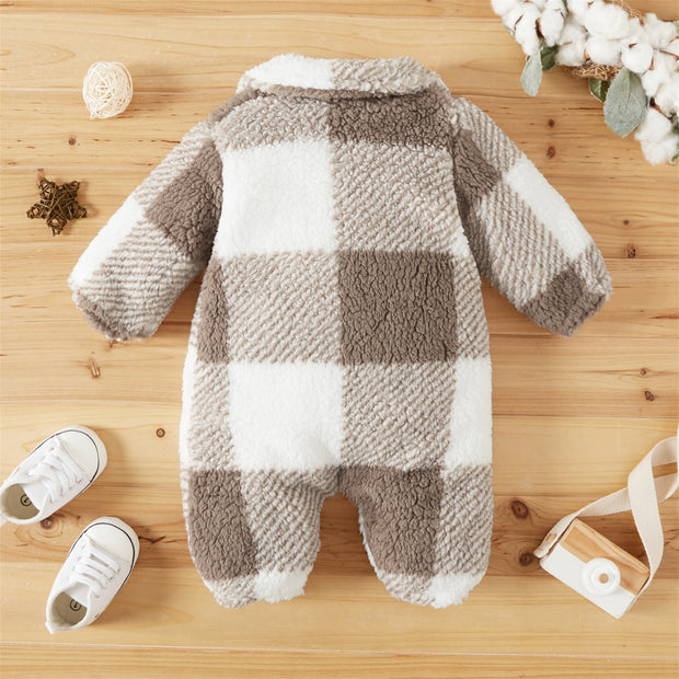 Cute Fluffy Fleece Plaid Printed Baby Long Sleeve Jumpsuit