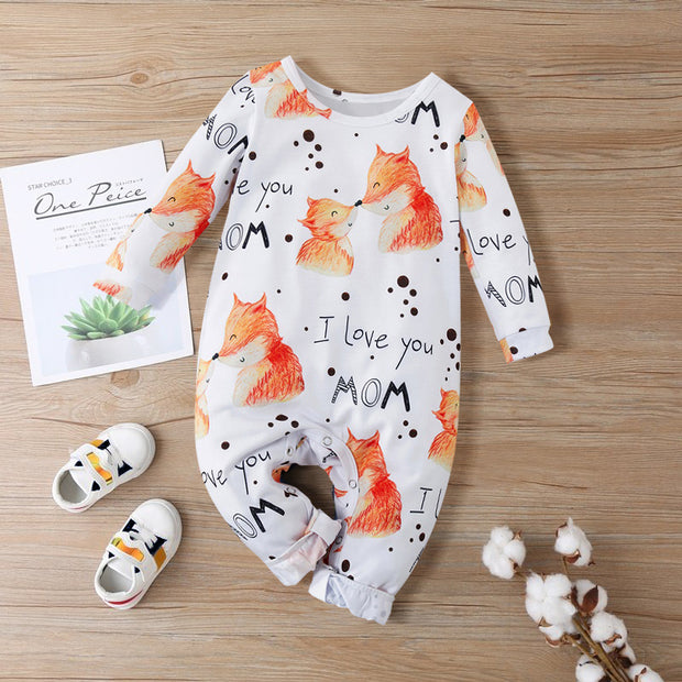 "I Love You Mom"Lovely Fox Printed Baby Jumpsuit