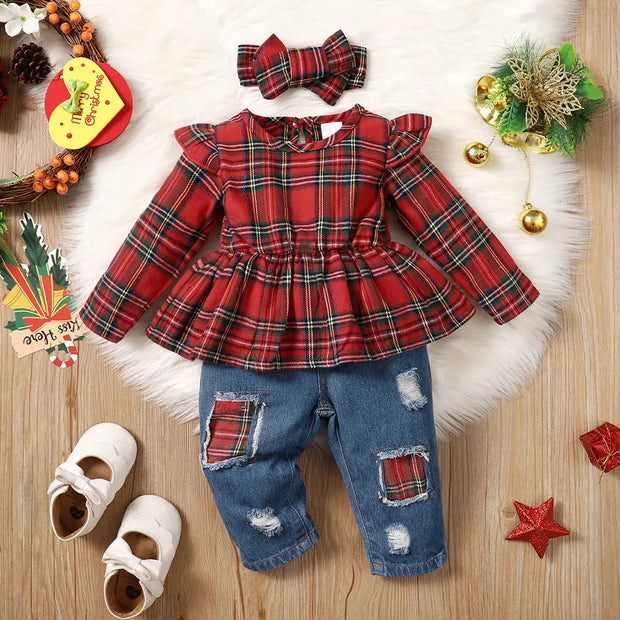 3PCS Christmas Plaid Printed Baby Set