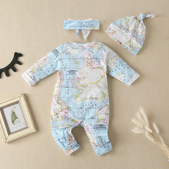 Lovely World Map Printed Long-sleeve Baby Jumpsuit With Hat