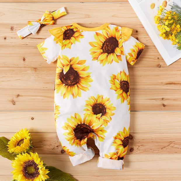 2PCS Cute Sunflower Allover Baby Jumpsuit
