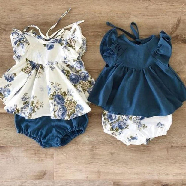 2-piece Flutter-sleeve Top and Shorts for Baby Girl