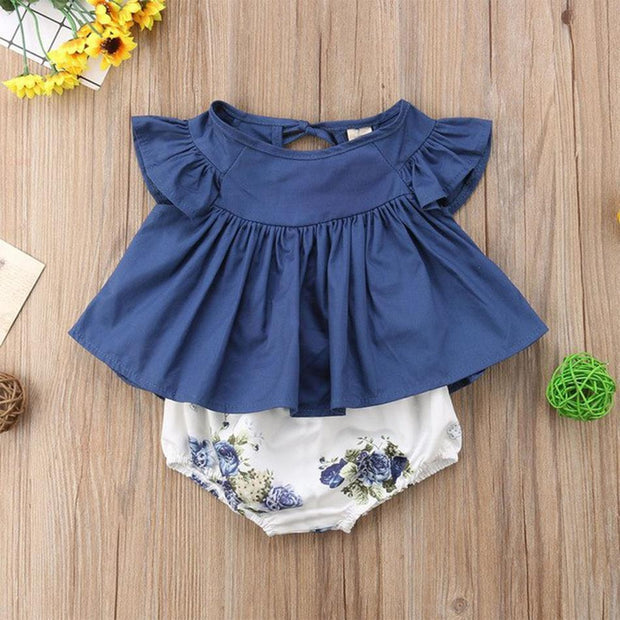 2-piece Flutter-sleeve Top and Shorts for Baby Girl