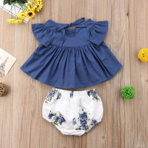 2-piece Flutter-sleeve Top and Shorts for Baby Girl