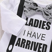 LADIES I HAVE ARRIVED Print Bow Bodysuit and Pants with Hat Set