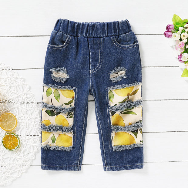 3PCS Baby/Toddler Solid Top and Floral Jean Set