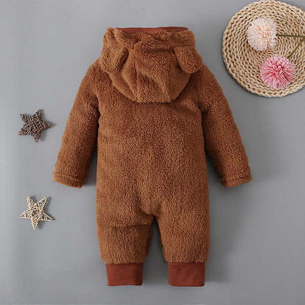 Lovely Bear Solid Color Printed Long Sleeve Baby Hoodie Jumpsuit