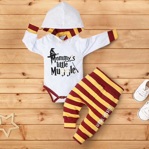 2PCS "Mommy's Little Muggle"Striped Printed Baby Set