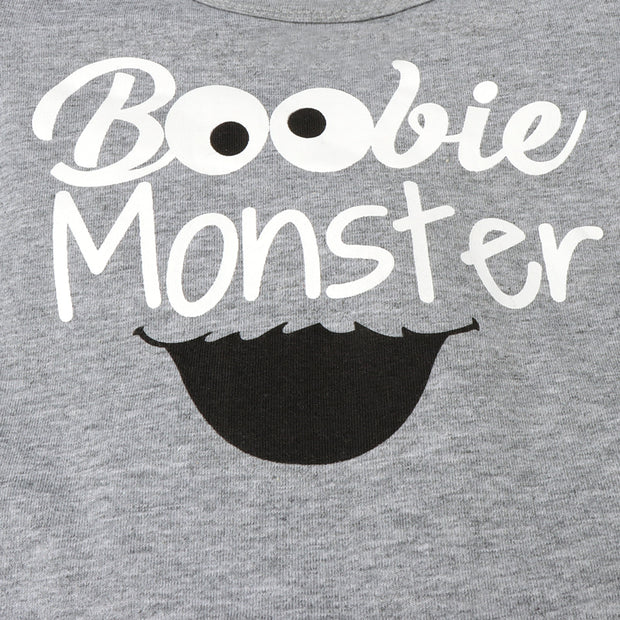 3PCS "Boobie Monster" Letter Printed Romper With Milk Printed Pants Baby Set