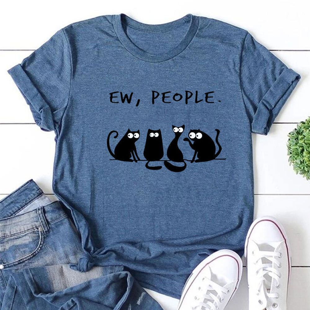 Ew People Cat Cartoon Print Cotton T-shirt