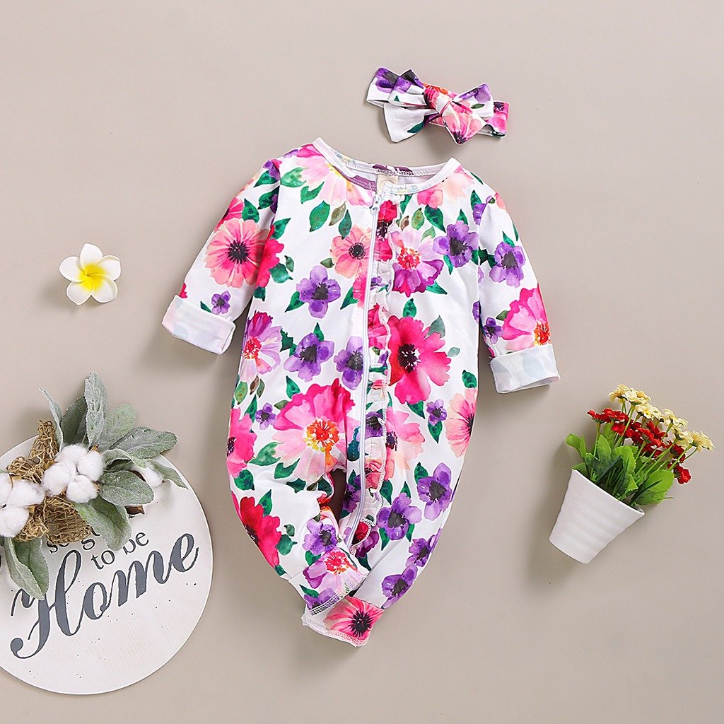 2PCS Infant Baby Long Sleeve Floral Printed Zipper Jumpsuit