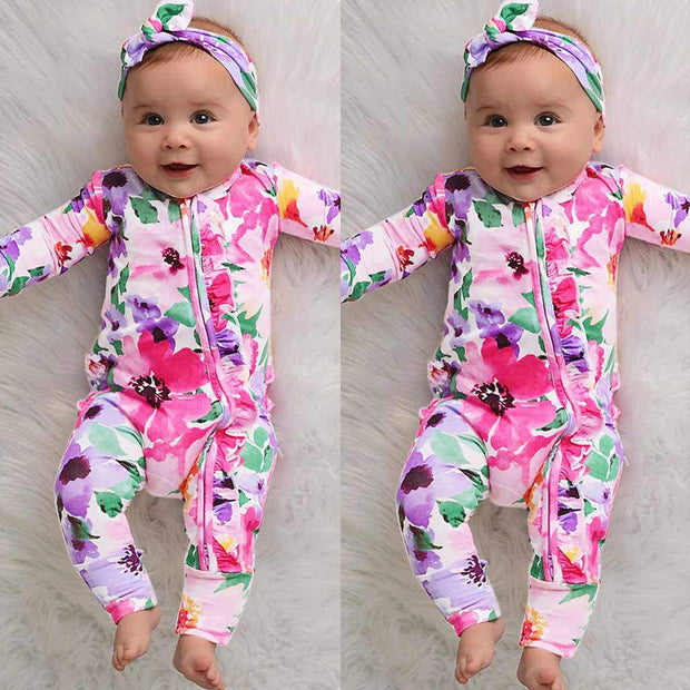 Infant Baby Long Sleeve Floral Printed Zipper Jumpsuit