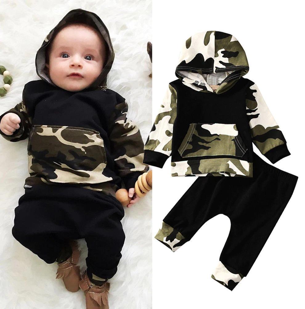 Infant Baby Boys Camouflage Hoodie Tops +Long Pants Outfits Set