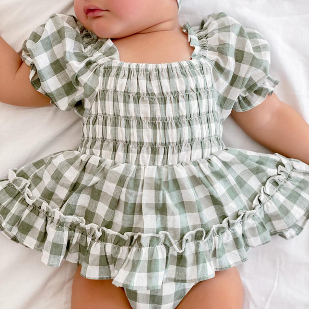 2PCS Lovely Green Plaid Printed Baby Romper