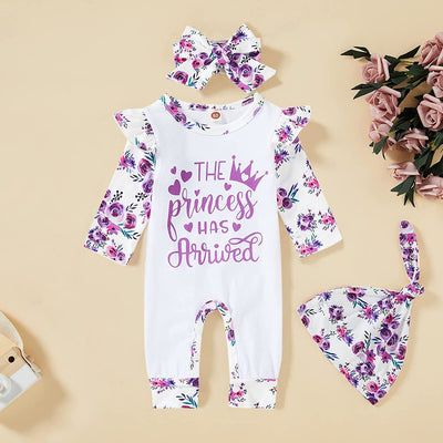 3PCS "The Princess Has Arrived" Floral Printed Baby Jumpsuit