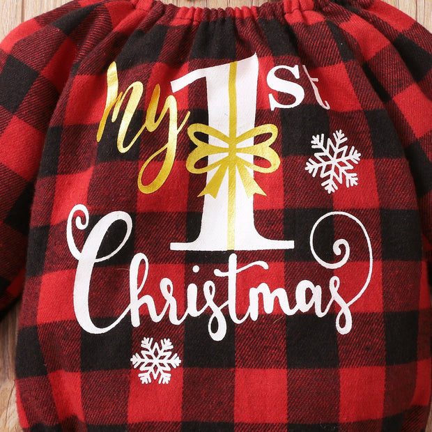 3PCS Christmas Plaid Letter Printed Baby Girl Skirt Set