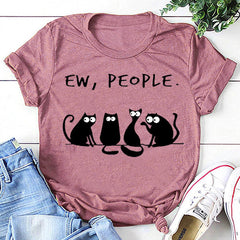 Ew People Cat Cartoon Print Cotton T-shirt