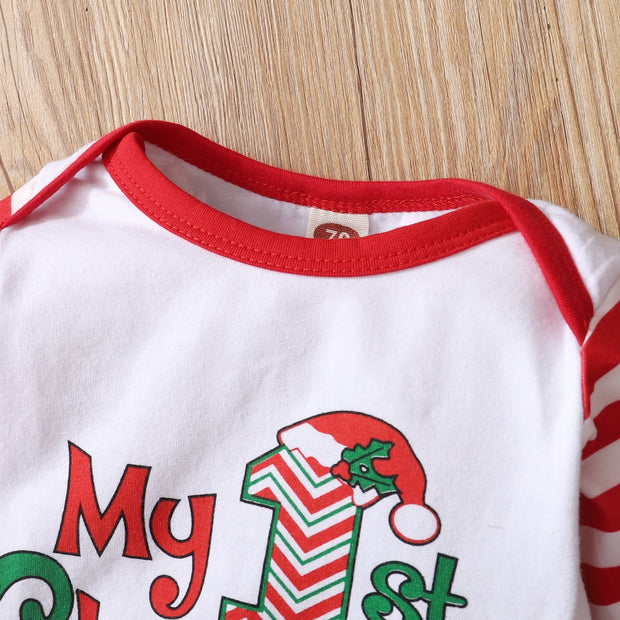 2PCS My 1st Christmas Stripe Letter Printed Baby Jumpsuit