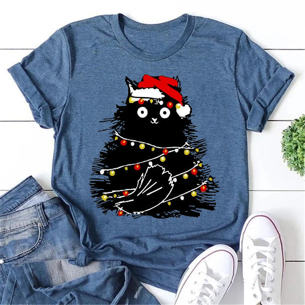 Camiseta com slogan feminino engraçado com estampa de gato de Natal 