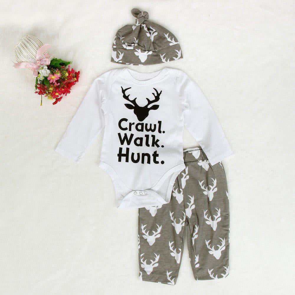 Baby Boys Girls Deer Print Romper & Pants & Hat Set
