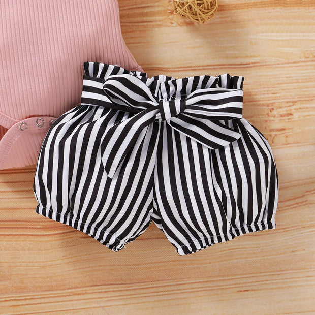 3PCS Cute Striped Belted Baby Set