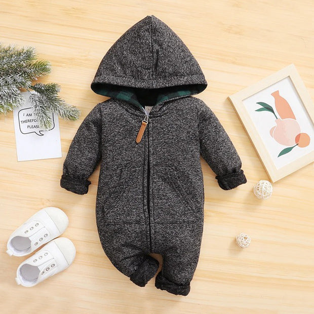 Autumn And Winter Lovely Dark Grey Printed Long-sleeve Baby Hoodie Jumpsuit