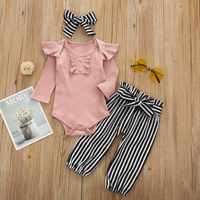 Baby Girl Soild Printed Fly Sleeve Romper With Stripe Pants Baby Set