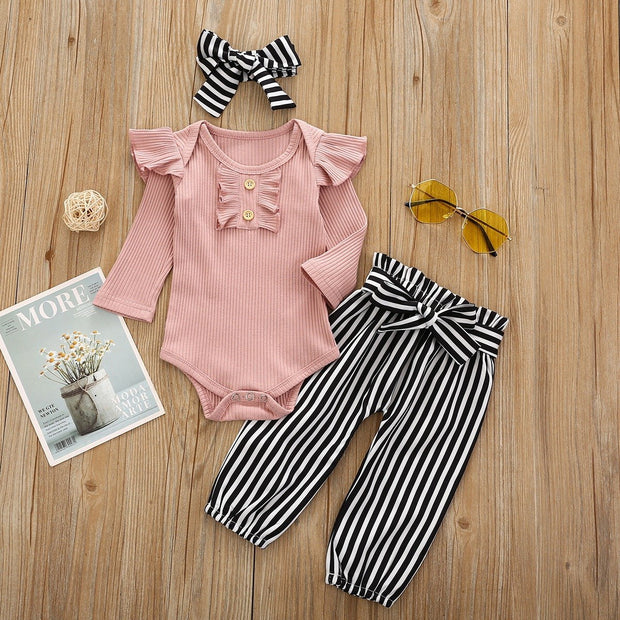 Baby Girl Soild Printed Fly Sleeve Romper With Stripe Pants Baby Set