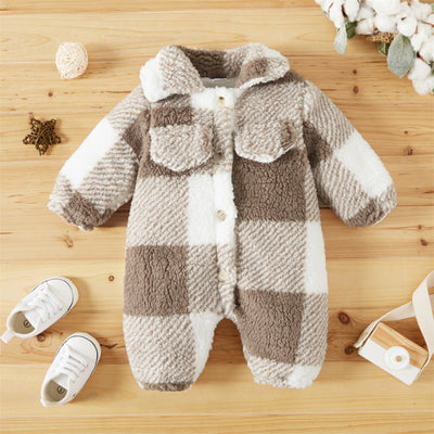 Cute Fluffy Fleece Plaid Printed Baby Long Sleeve Jumpsuit
