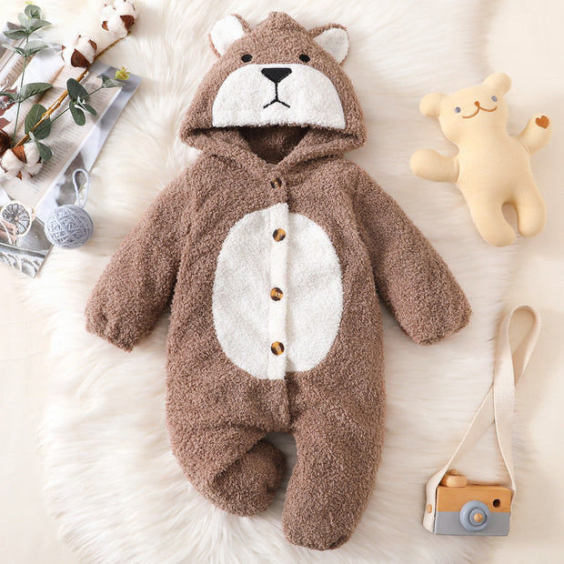 Cute Bear Solid Color Printed Baby Hoodie Jumpsuit