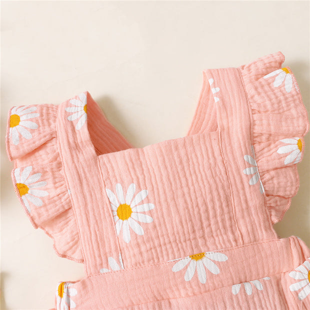 2PCS Pretty Sunflower Printed Sleeveless Baby Girl Romper