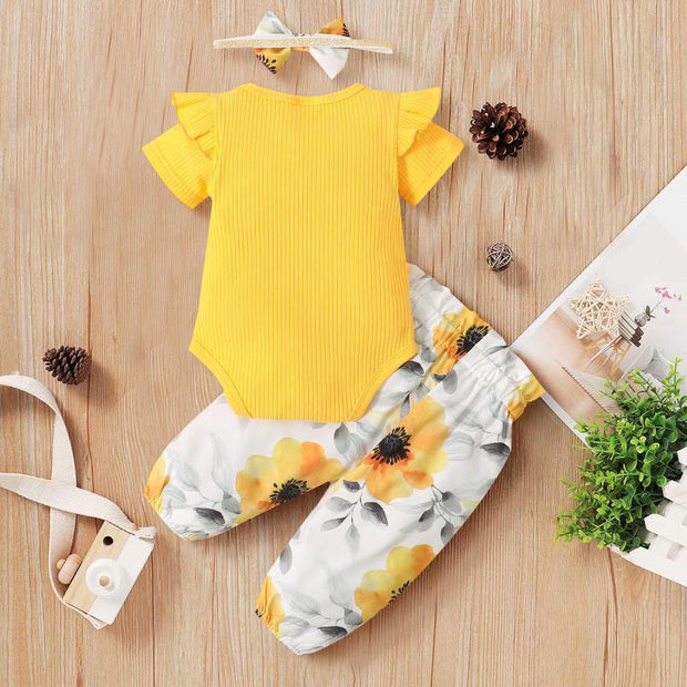 3PCS Pretty Floral Printed Baby Set