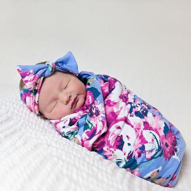 Cute NewBorn Flower Floral Printed Swaddle Sleeping Bag And Headband Baby Set