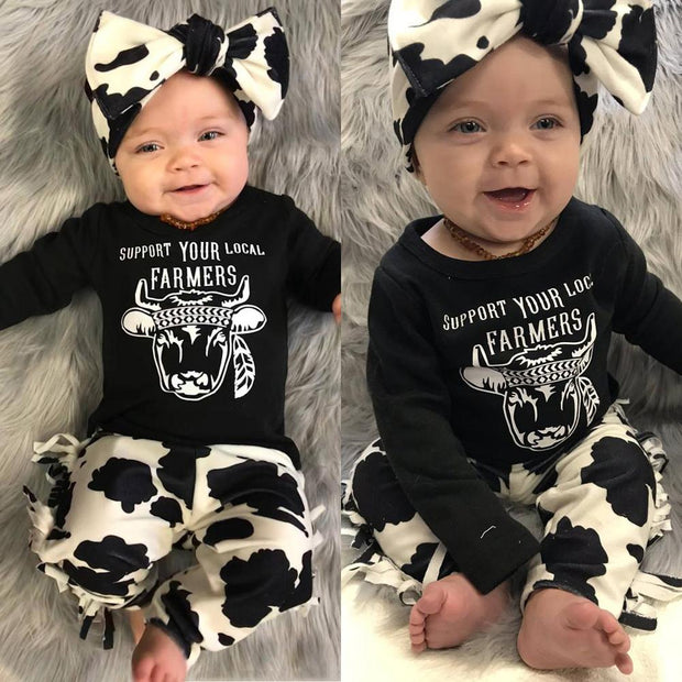 3PCS Baby Girl “SUPPORT YOUR LOCAL FAMERS” Letter Printed Romper With Pants Baby Set