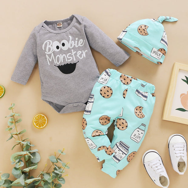 "Boobie Monster" Letter Printed Romper With Pants Baby Set