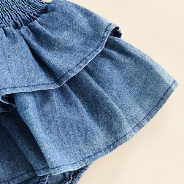 Lovely Solid Color Printed Sleeveless Baby Girl Denim Romper